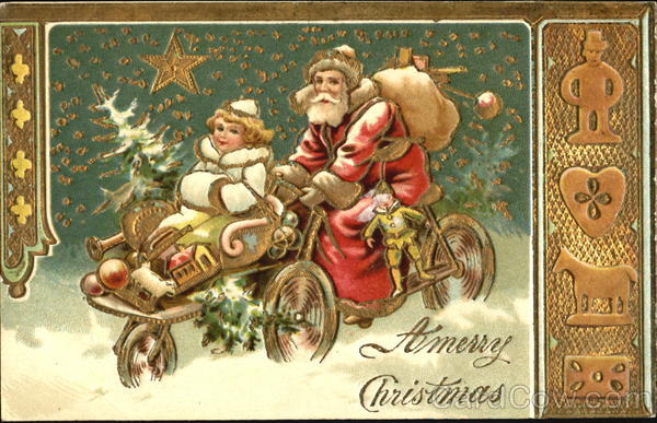 Santa carrying toys on a bicycle Santa Claus