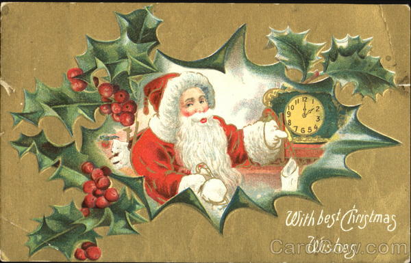 Vintage Santa with fireplace, stockings, a clock and ivy