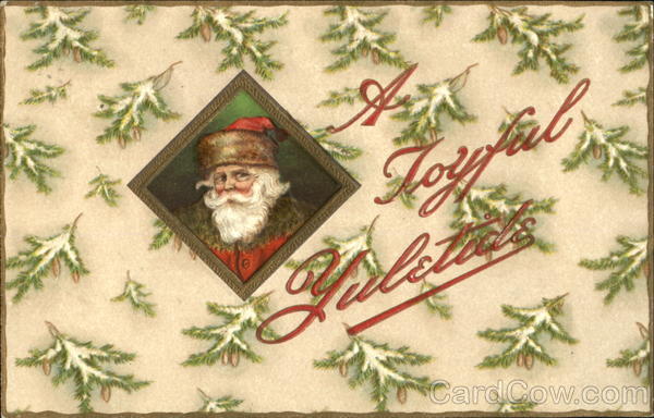 A Portrait of Santa on a Field of Snowy Pine Branches