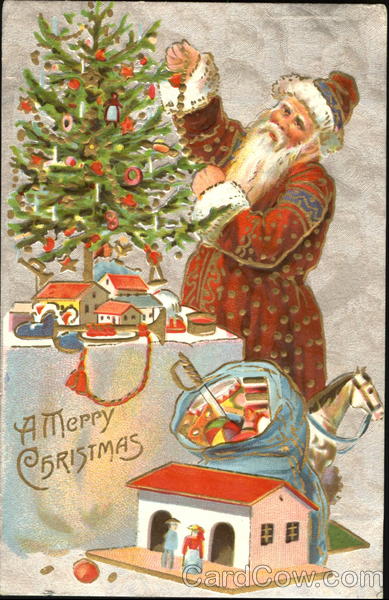 santa in red decorating small tree, little house, bag of toys, horse on floor, small town around tree