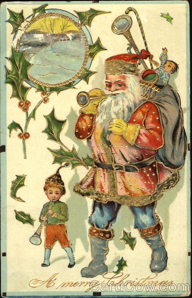 Holly, Santa blowing horn, dressed in red with small child Santa Claus