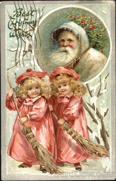 Santa in portrait looking on two girls sweeping Santa Claus