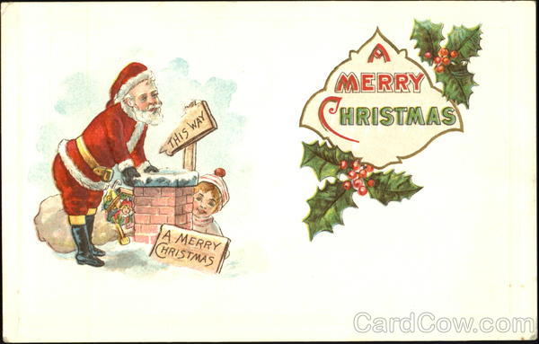 santa in red, up high on chimney top, signs to guide him, child looking