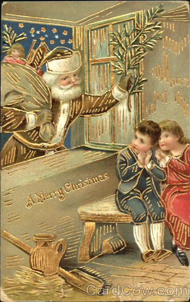 Golden Santa giving gifts through window to boy and girl