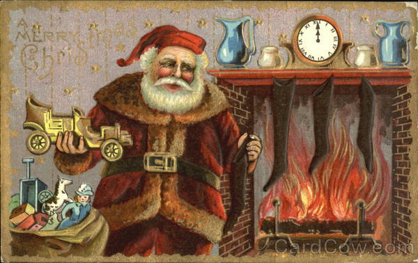 Santa Filling Stockings Near the Fireplace Santa Claus