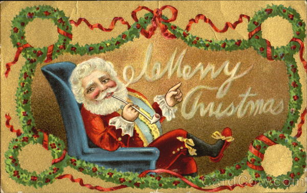 Santa lyeing leasurely smoking pipe releasing wishes with smoke