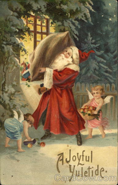 Santa and Two Cherubs Delivering Gifts Santa Claus