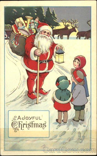 Santa in Pointed Shoes Greets Three Children in Snow