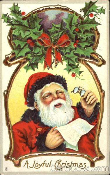 Santa in Red and Black cleaning his glasses Santa Claus