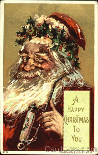 A Jolly santa in red suit holding pipe and holly on his head
