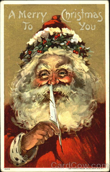 Santa, with holly encircling his hat, holds a quill