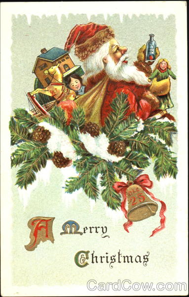 Santa with toys and wreath Santa Claus