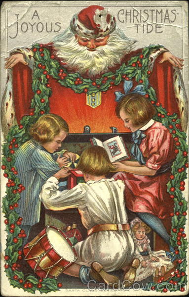 Santa overlooking three children reading Santa Claus