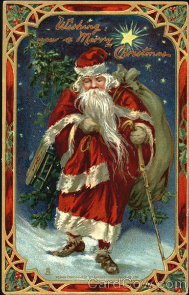 Santa in red walking with a cane and bag of toys Santa Claus