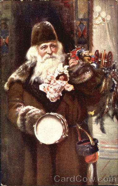 Santa in Brown Robe Carrying Toys and Drum Santa Claus