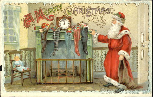 Santa standing at a fireplace with stockings Santa Claus
