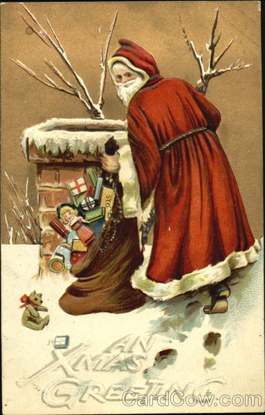 Santa about to go down a chimney with bag of toys Santa Claus