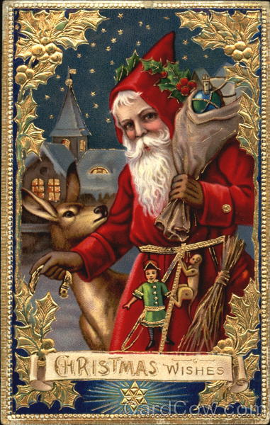 Santa and Reindeer in front of House Santa Claus