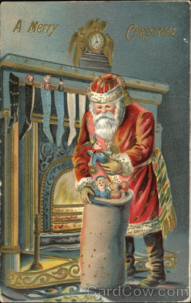 Santa pulling toys out of his bag infront of fireplace