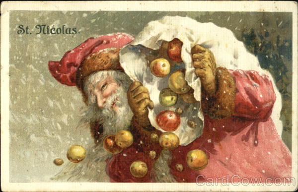 Smiling Santa Claus Empties a White Bag of Apples