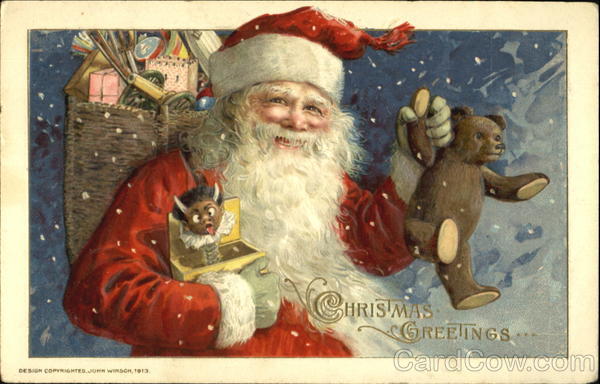 Santa holding a Teddy Bear and a Jack in the Box Santa Claus