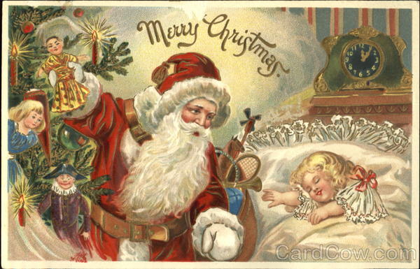 Santa looking over a sleeping child Santa Claus