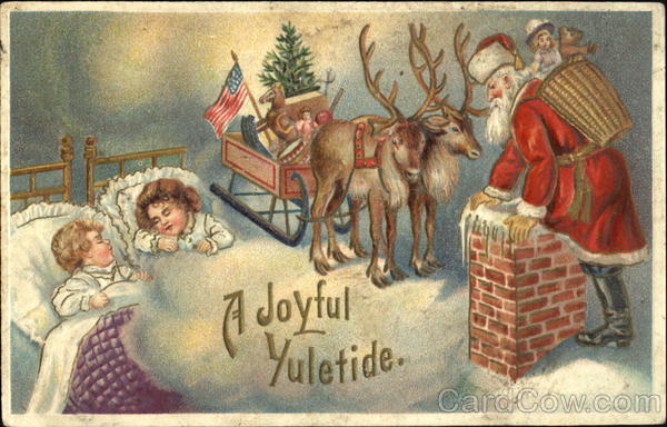 Children sleeping with Santa leaning on chimney Santa Claus