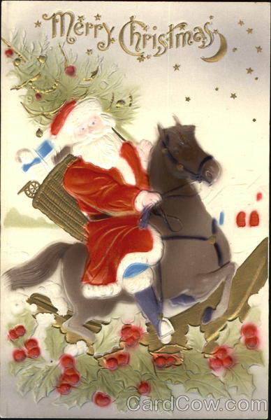 Santa Riding a Horse and Holding a Basket of Gifts and a Christmas Tree