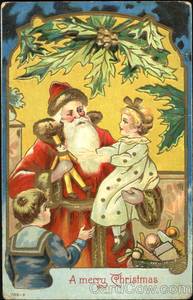 Santa Giving Gifts to Young Boy and Girl Santa Claus