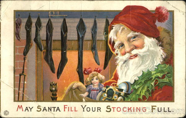 Santa Getting Ready to Fill Row of Stockings Santa Claus