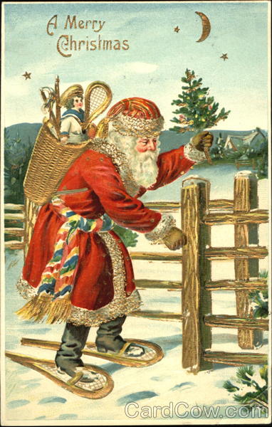 Santa on snowshoes with toys Santa Claus