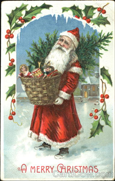 Santa carrying basket with toys and a tree Santa Claus