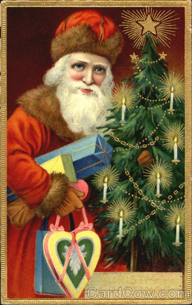 Eastern Icon-styled Santa carrying presents by a decorated tree