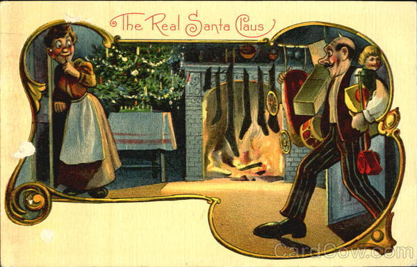 Woman Watches Father Bring Toys to Tree Near Fireplace