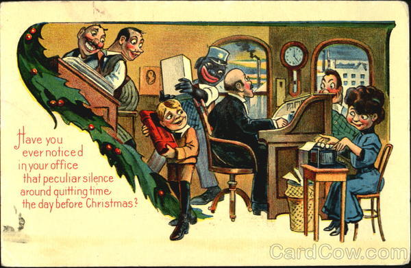 People in an office watching the clock Santa Claus