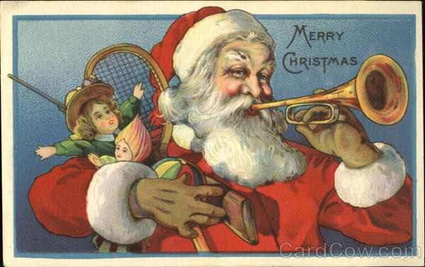 Santa blowing horn with armfull of toys Santa Claus