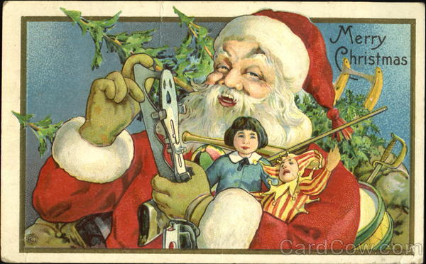 Santa holding an ice skate and doll Santa Claus