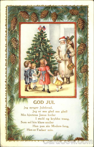 Santa in white with children around the tree Santa Claus