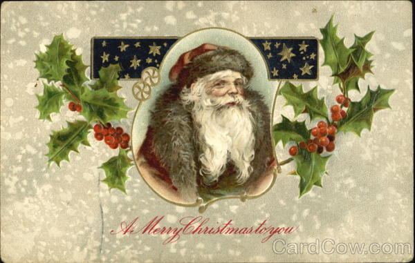 Santa Flanked by Sprigs of Holly Santa Claus
