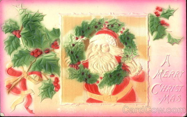 Santa with Face Encircled By Wreath and Holly Santa Claus