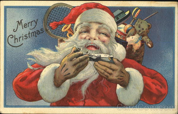 Santa with sack on his back holding an ice skate Santa Claus