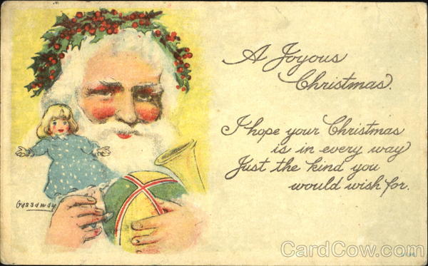 Santa Wearing a Wreath of Holly Holding Toys Santa Claus