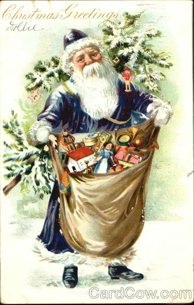 Santa in Blue with Tree and Bag of Gifts Santa Claus