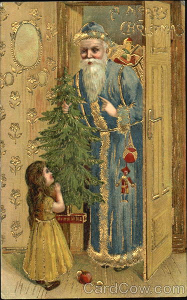 Blue robe santa holding tree little girl staring at him
