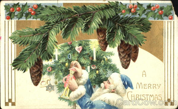 Santa in blue nrobe hanging ornaments Santa Claus