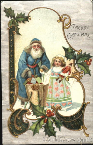Santa in blue robe giving little girl gifts Santa Claus