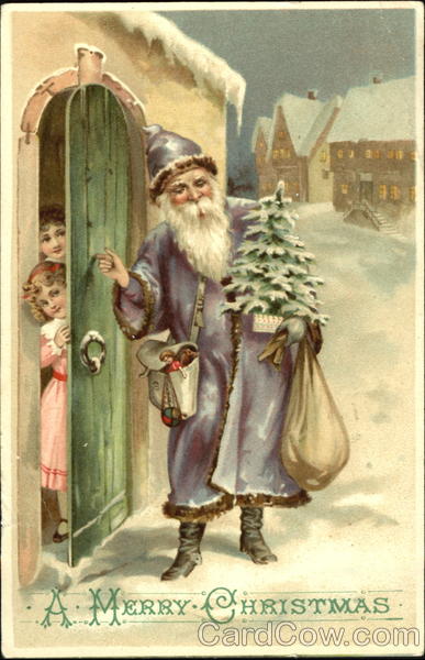 Santa in blue robe knocking on door with gifts Santa Claus