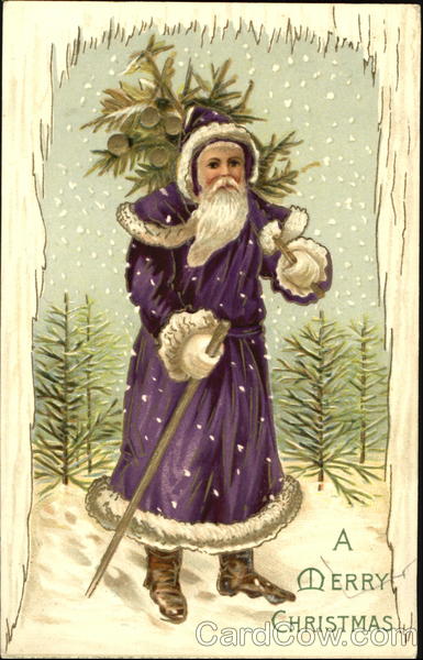 Santa in Purple Robe in Front of Pine Trees Santa Claus