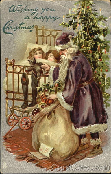 Santa in purple robe with sleeping children Santa Claus