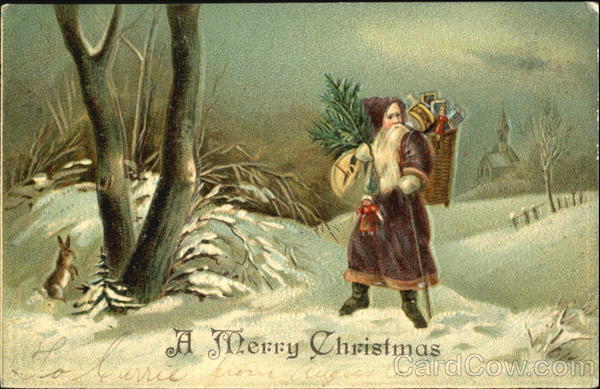 Santa in Purple Robe Hiking Through Snow Santa Claus